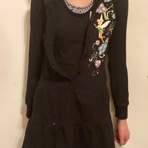 Disney Tinker Bell Black Button Hood Sweater Dress top Glitter 7 / 8 Girls - Picture 4 of 12